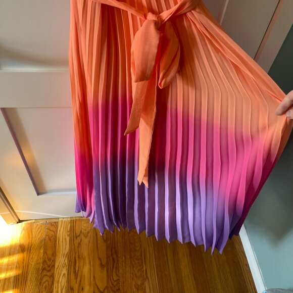 Taylor Pleated Sunset Orange Ombre Maxi Wedding Guest Dress Size Small - Picture 5 of 11
